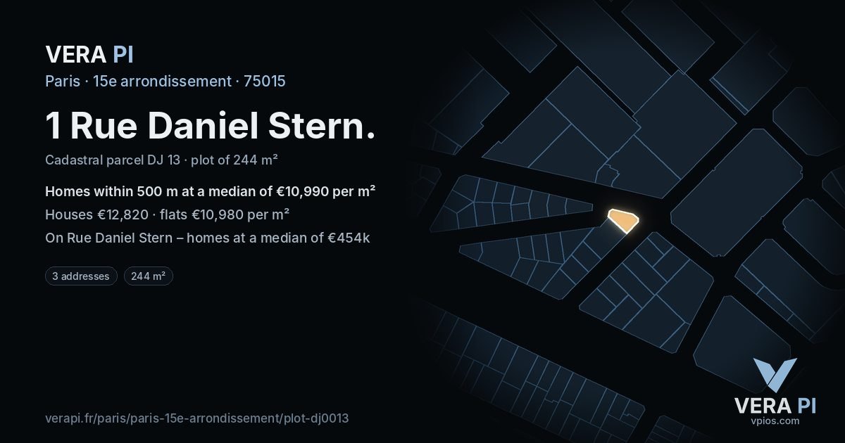 1 Rue Daniel Stern, 15e arrondissement at night – the plot lit, the parcels around coloured by the prices near them
