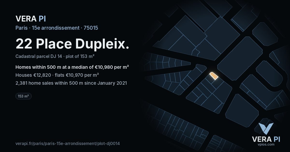 22 Place Dupleix, 15e arrondissement at night – the plot lit, the parcels around coloured by the prices near them