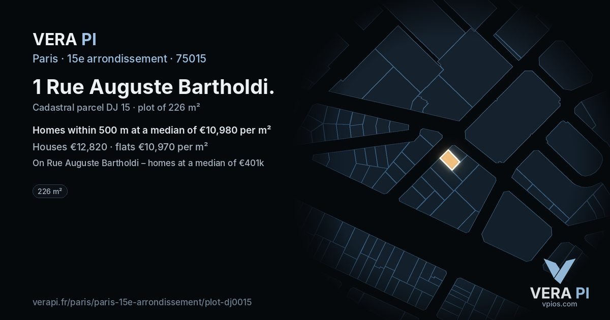 1 Rue Auguste Bartholdi, 15e arrondissement at night – the plot lit, the parcels around coloured by the prices near them