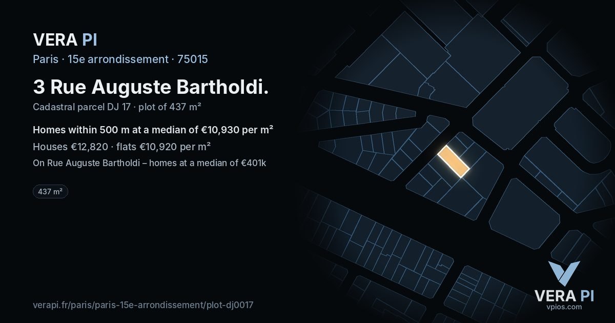 3 Rue Auguste Bartholdi, 15e arrondissement at night – the plot lit, the parcels around coloured by the prices near them
