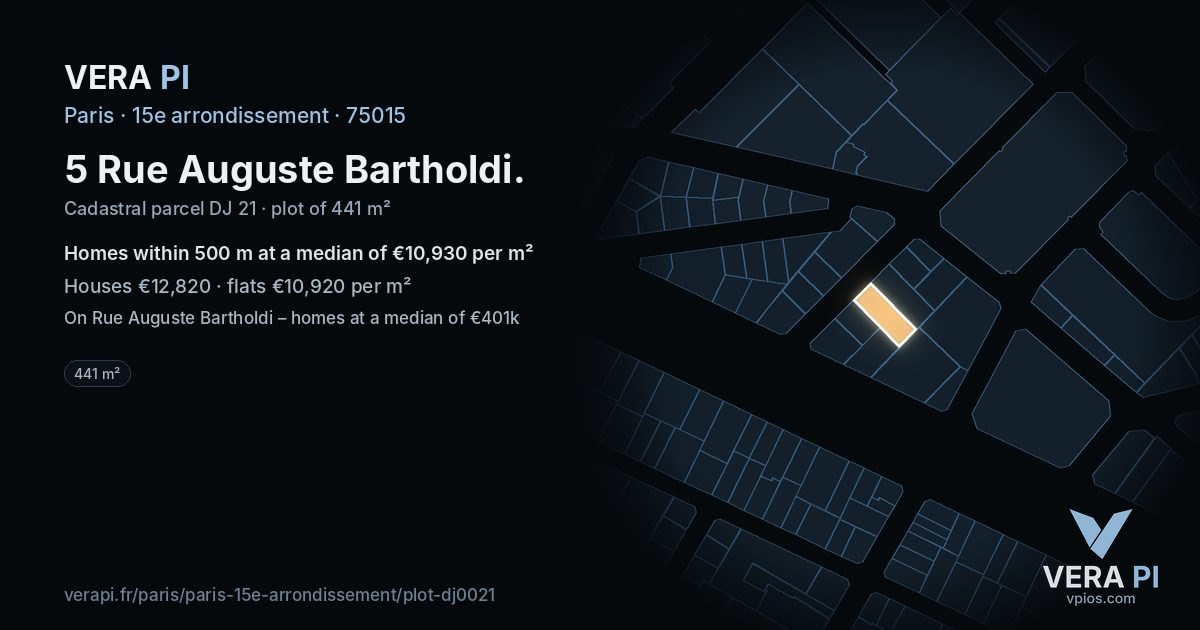 5 Rue Auguste Bartholdi, 15e arrondissement at night – the plot lit, the parcels around coloured by the prices near them