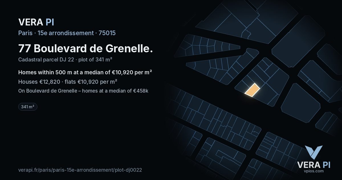 77 Boulevard de Grenelle, 15e arrondissement at night – the plot lit, the parcels around coloured by the prices near them