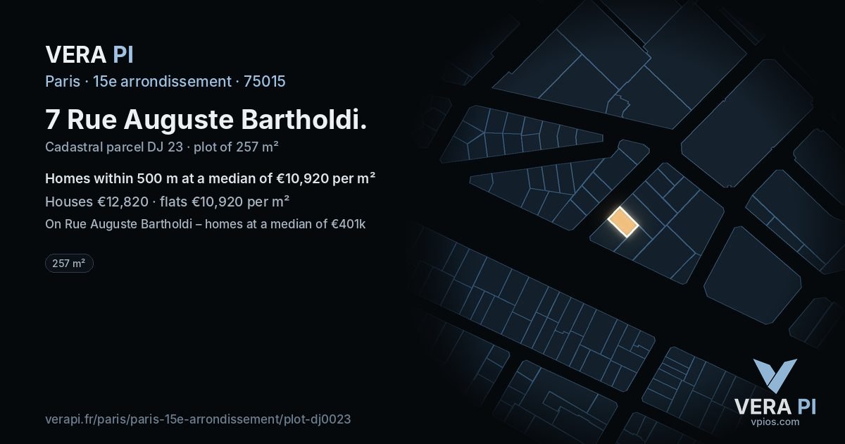 7 Rue Auguste Bartholdi, 15e arrondissement at night – the plot lit, the parcels around coloured by the prices near them