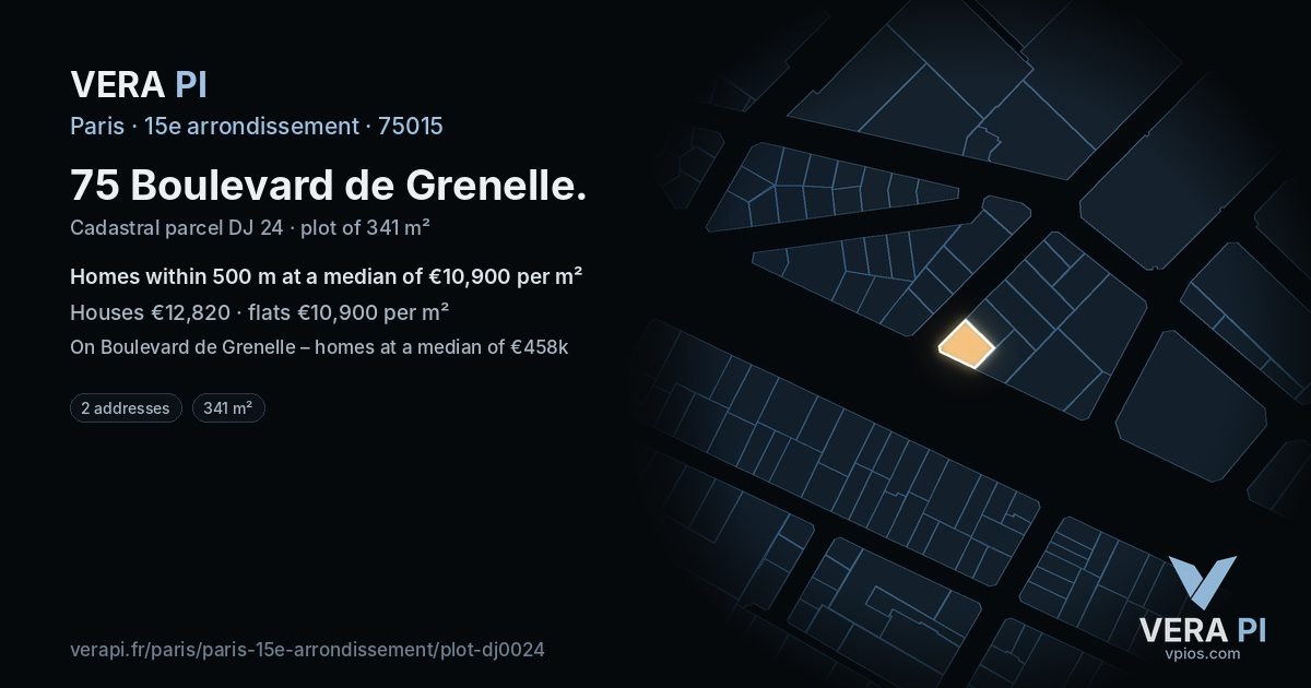 75 Boulevard de Grenelle, 15e arrondissement at night – the plot lit, the parcels around coloured by the prices near them