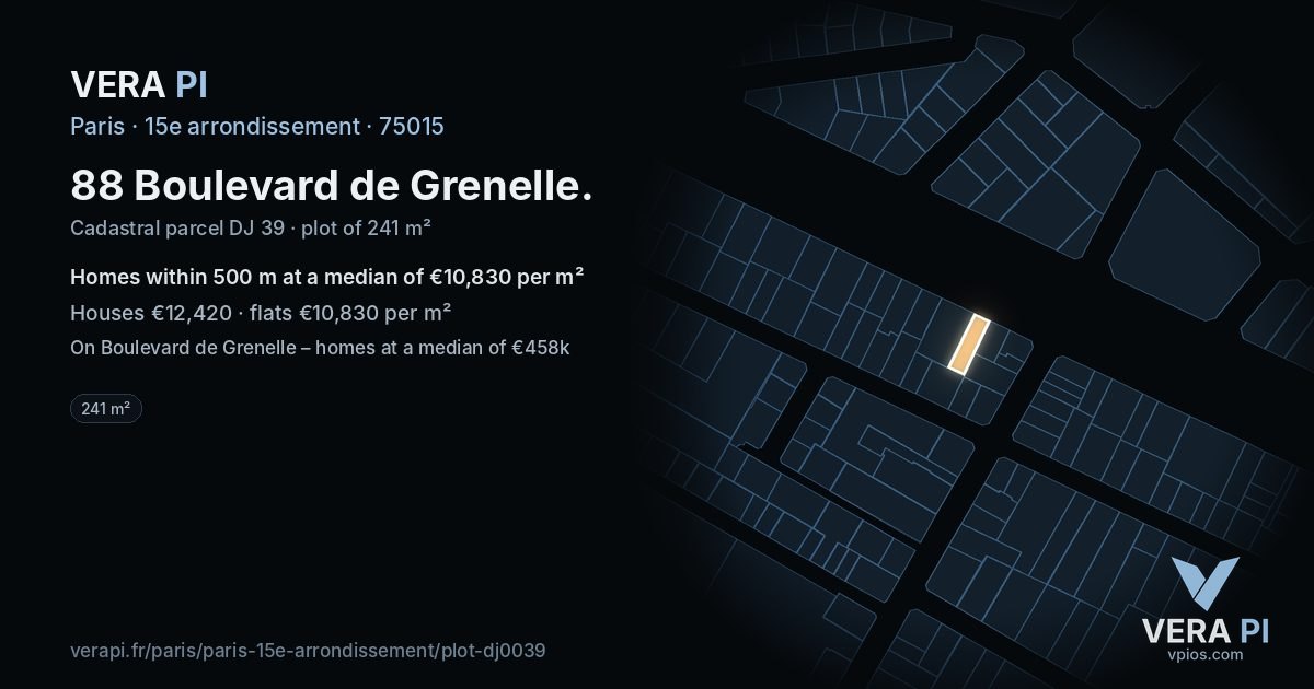 88 Boulevard de Grenelle, 15e arrondissement at night – the plot lit, the parcels around coloured by the prices near them