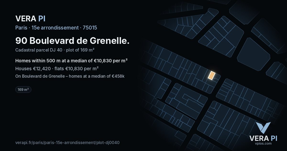 90 Boulevard de Grenelle, 15e arrondissement at night – the plot lit, the parcels around coloured by the prices near them