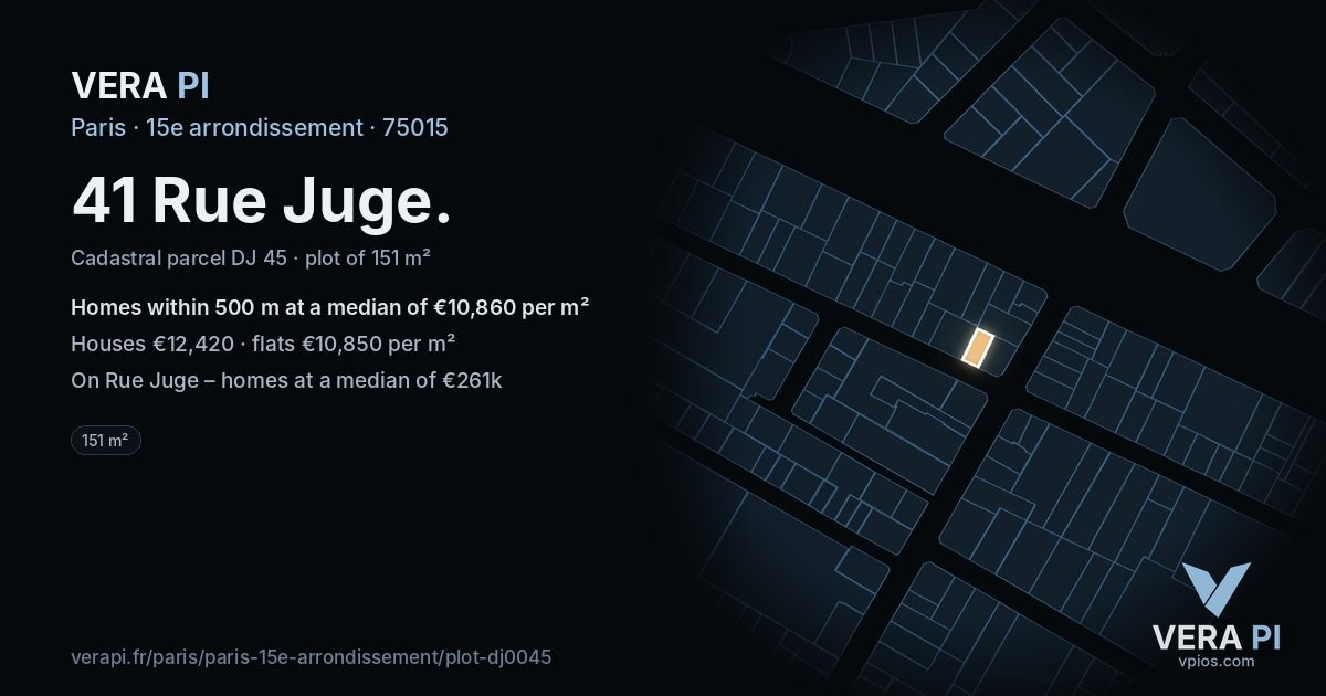 41 Rue Juge, 15e arrondissement at night – the plot lit, the parcels around coloured by the prices near them