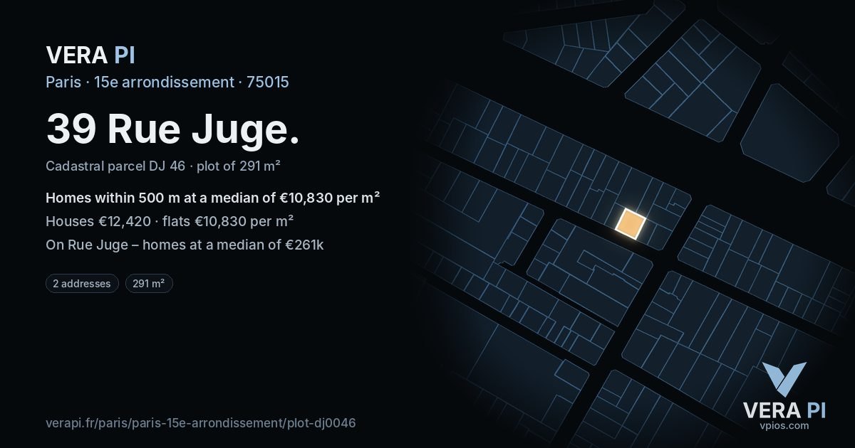 39 Rue Juge, 15e arrondissement at night – the plot lit, the parcels around coloured by the prices near them