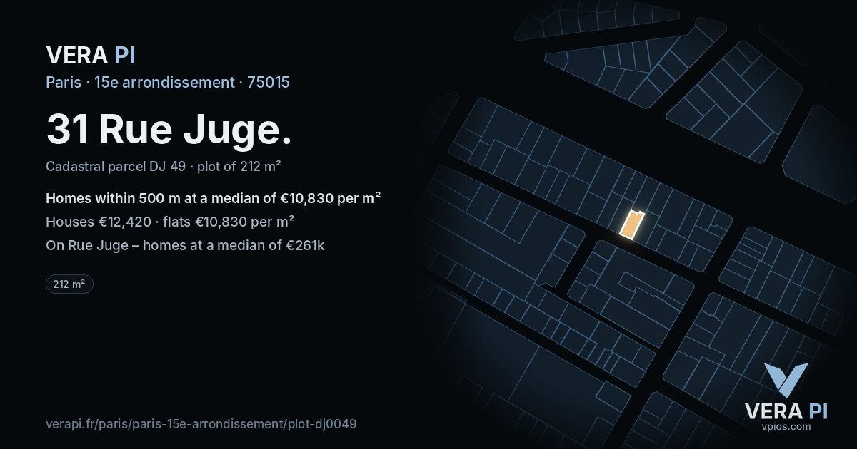 31 Rue Juge, 15e arrondissement at night – the plot lit, the parcels around coloured by the prices near them