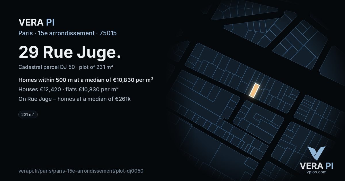 29 Rue Juge, 15e arrondissement at night – the plot lit, the parcels around coloured by the prices near them