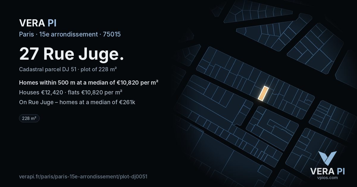 27 Rue Juge, 15e arrondissement at night – the plot lit, the parcels around coloured by the prices near them