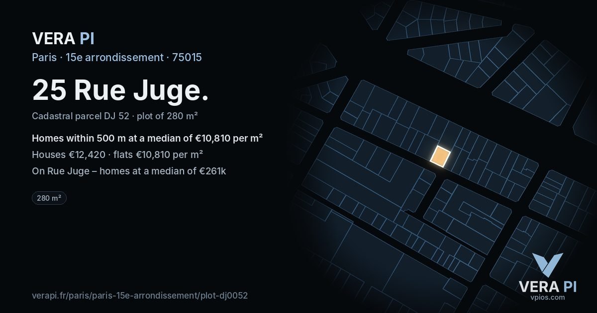 25 Rue Juge, 15e arrondissement at night – the plot lit, the parcels around coloured by the prices near them