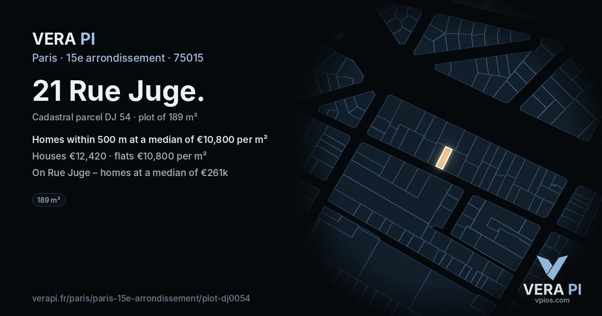 21 Rue Juge, 15e arrondissement at night – the plot lit, the parcels around coloured by the prices near them