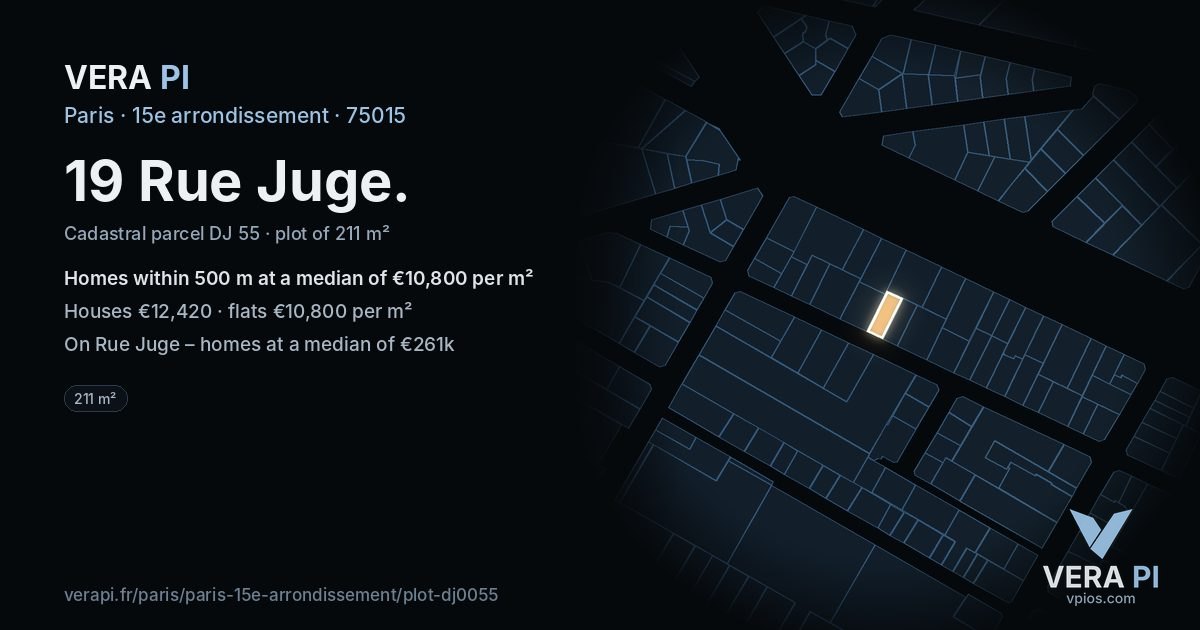 19 Rue Juge, 15e arrondissement at night – the plot lit, the parcels around coloured by the prices near them