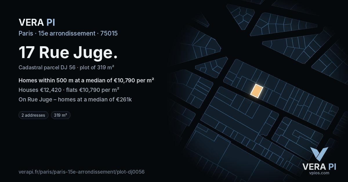17 Rue Juge, 15e arrondissement at night – the plot lit, the parcels around coloured by the prices near them