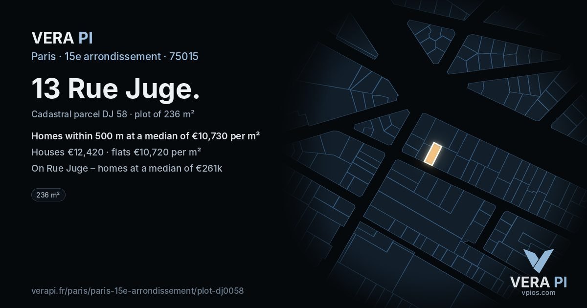 13 Rue Juge, 15e arrondissement at night – the plot lit, the parcels around coloured by the prices near them