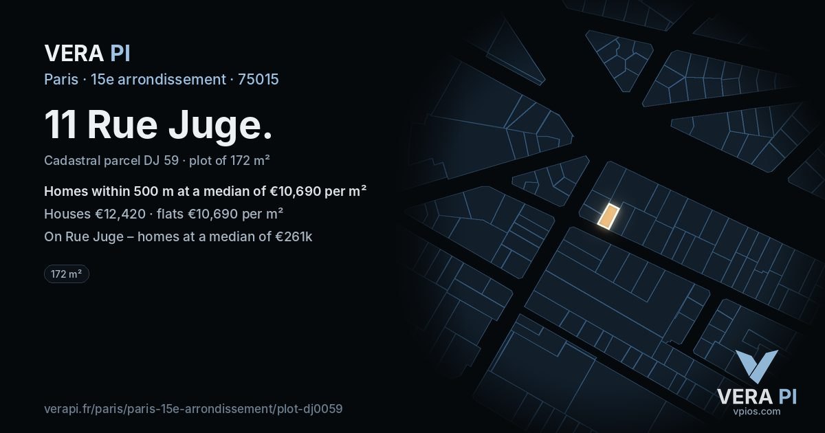 11 Rue Juge, 15e arrondissement at night – the plot lit, the parcels around coloured by the prices near them