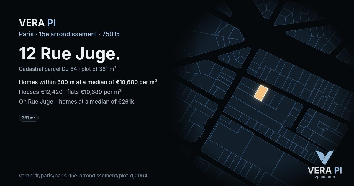12 Rue Juge, 15e arrondissement at night – the plot lit, the parcels around coloured by the prices near them