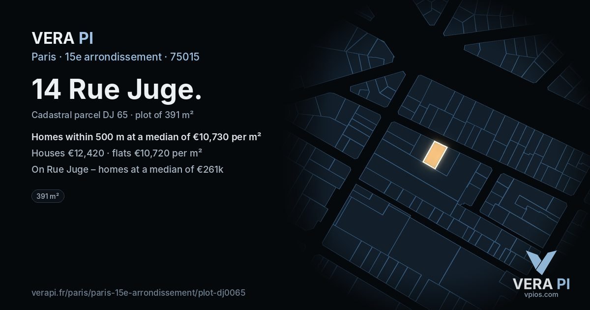 14 Rue Juge, 15e arrondissement at night – the plot lit, the parcels around coloured by the prices near them