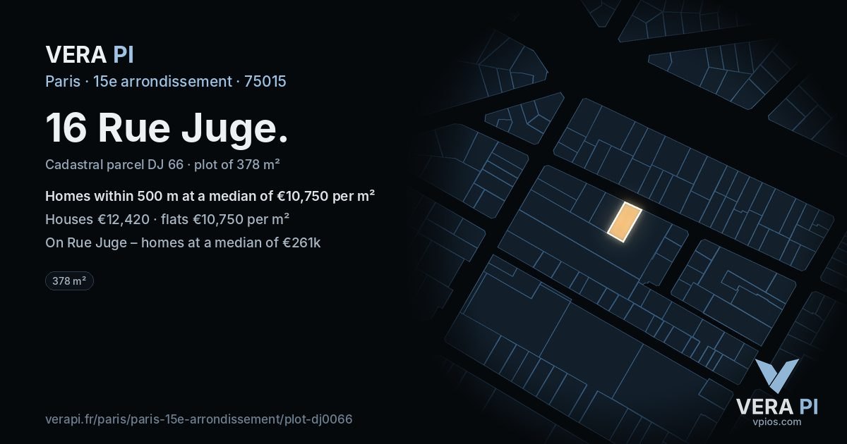 16 Rue Juge, 15e arrondissement at night – the plot lit, the parcels around coloured by the prices near them