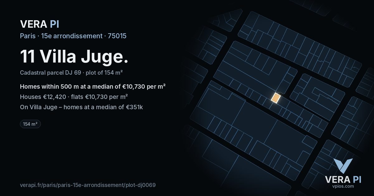 11 Villa Juge, 15e arrondissement at night – the plot lit, the parcels around coloured by the prices near them