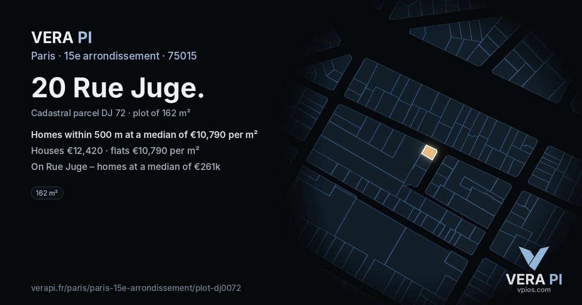 20 Rue Juge, 15e arrondissement at night – the plot lit, the parcels around coloured by the prices near them