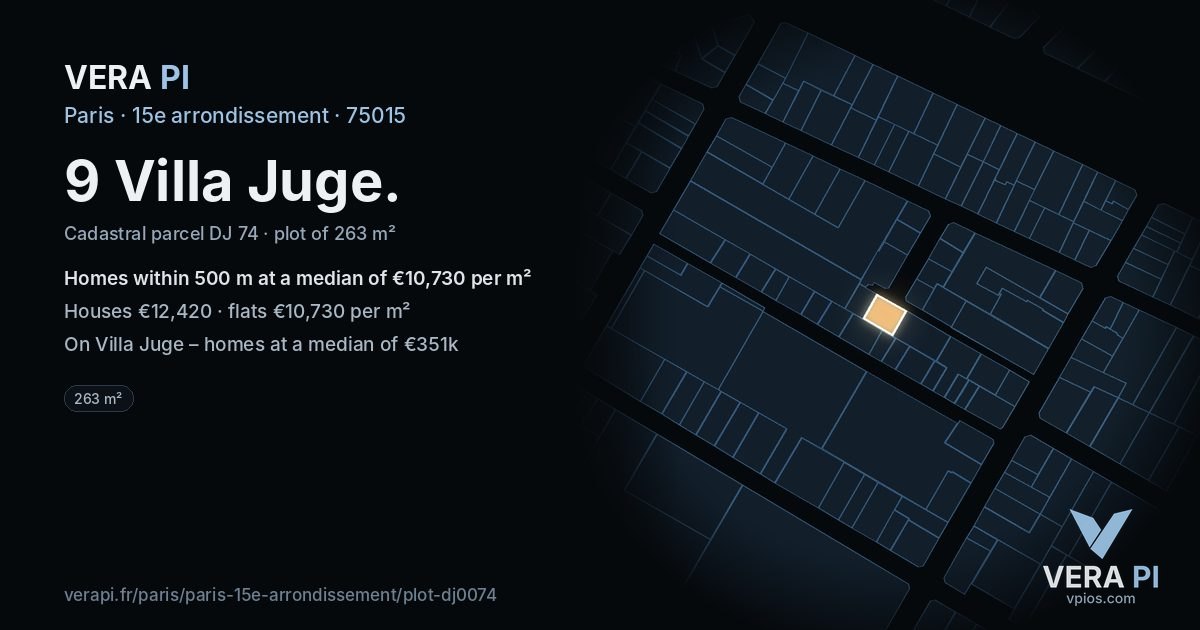 9 Villa Juge, 15e arrondissement at night – the plot lit, the parcels around coloured by the prices near them