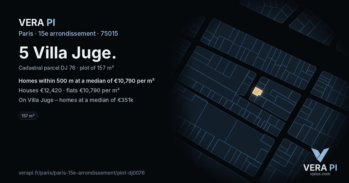 5 Villa Juge, 15e arrondissement at night – the plot lit, the parcels around coloured by the prices near them