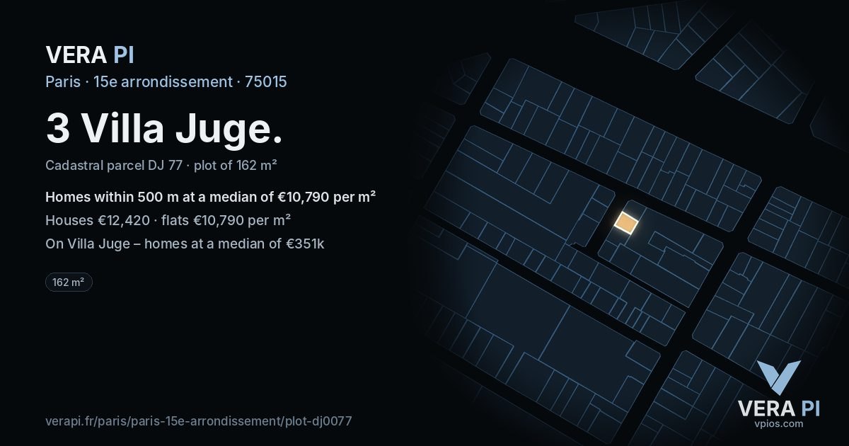 3 Villa Juge, 15e arrondissement at night – the plot lit, the parcels around coloured by the prices near them