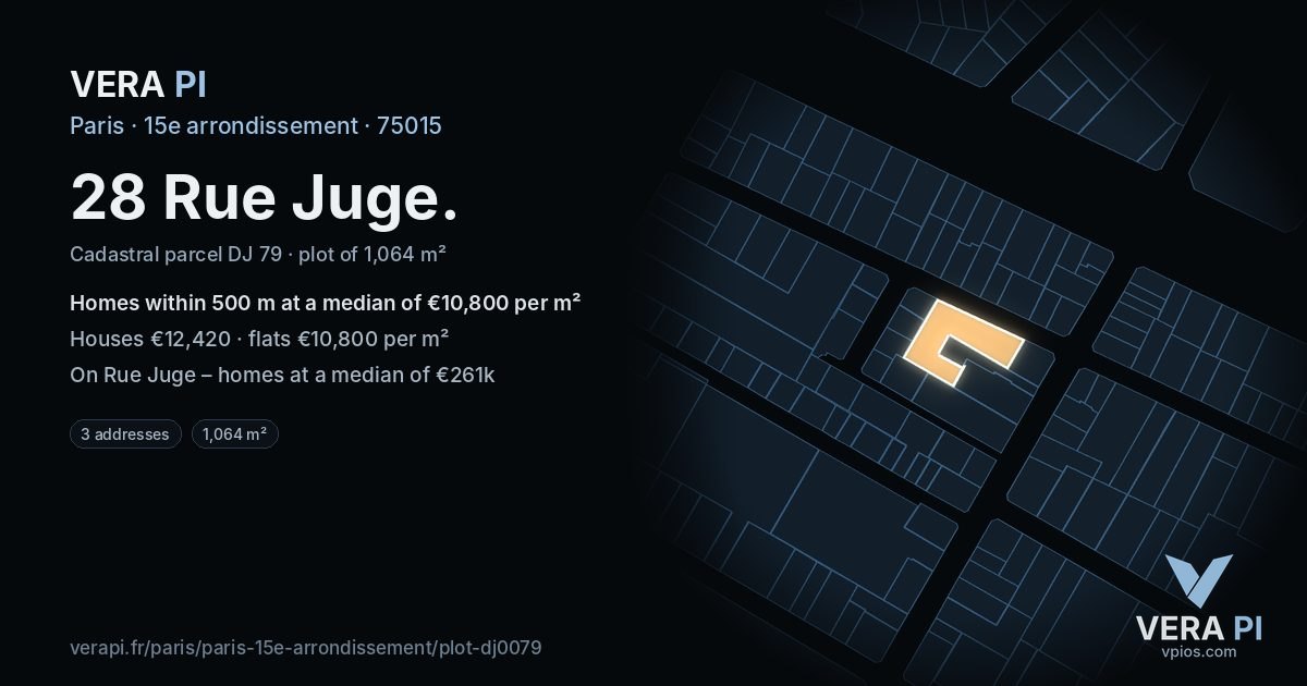 28 Rue Juge, 15e arrondissement at night – the plot lit, the parcels around coloured by the prices near them