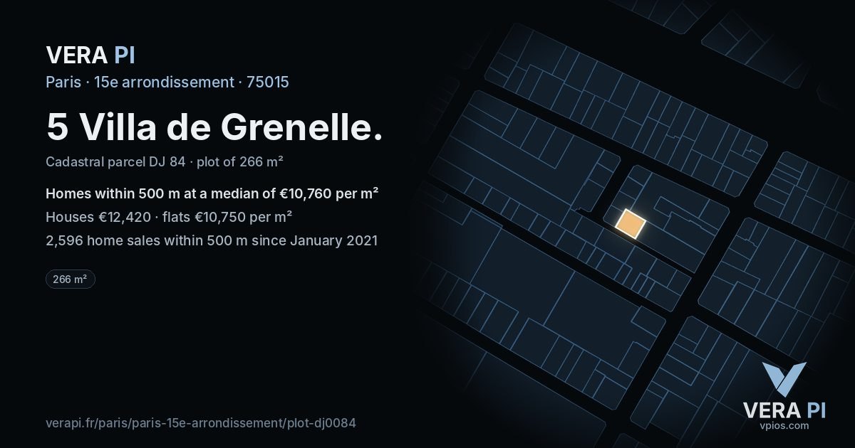 5 Villa de Grenelle, 15e arrondissement at night – the plot lit, the parcels around coloured by the prices near them