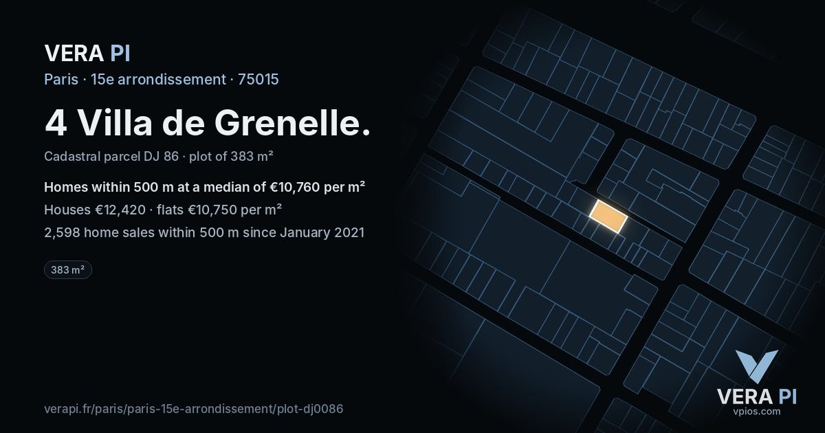 4 Villa de Grenelle, 15e arrondissement at night – the plot lit, the parcels around coloured by the prices near them