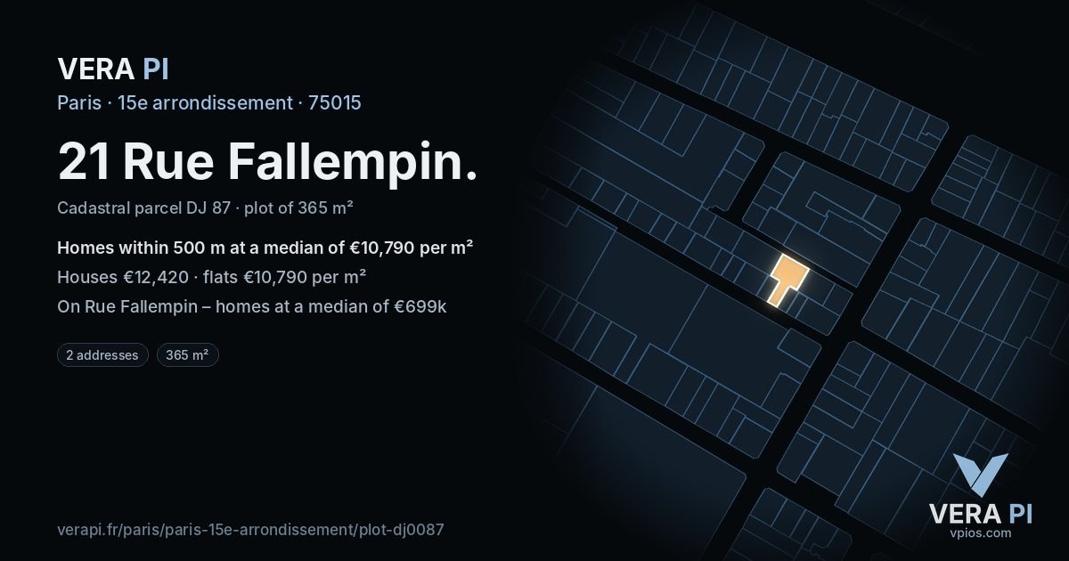 21 Rue Fallempin, 15e arrondissement at night – the plot lit, the parcels around coloured by the prices near them