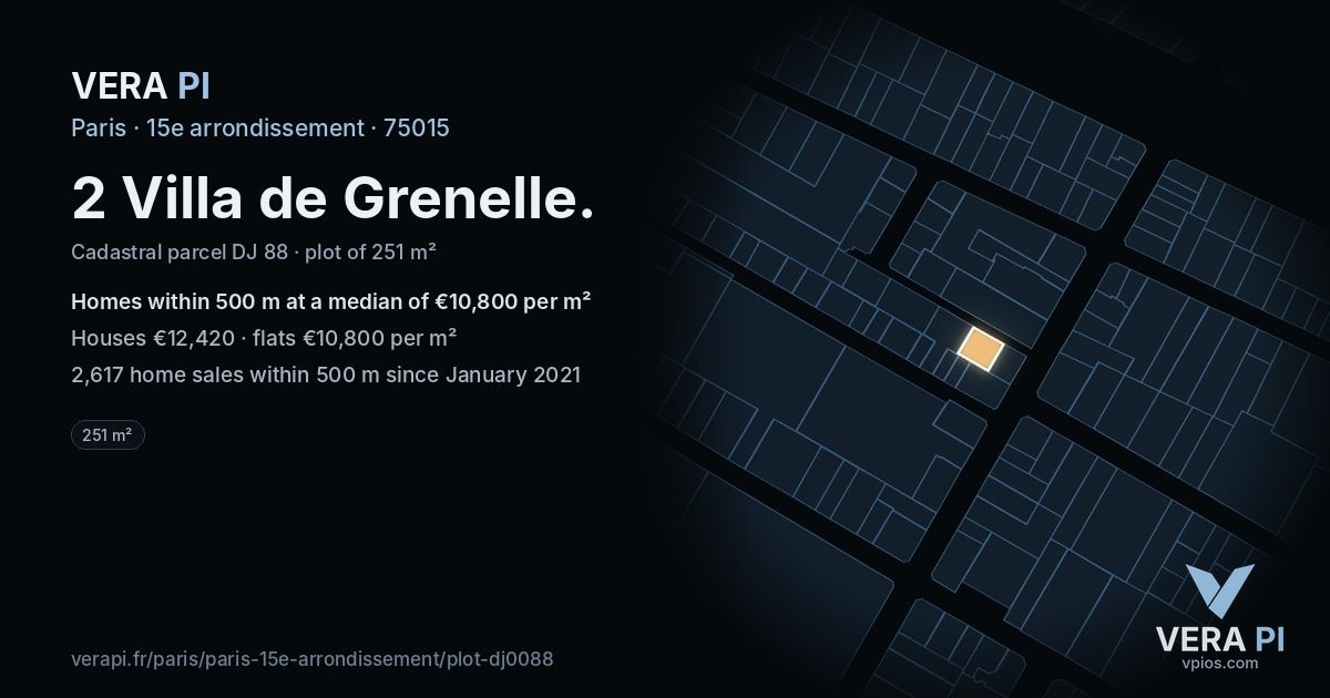 2 Villa de Grenelle, 15e arrondissement at night – the plot lit, the parcels around coloured by the prices near them