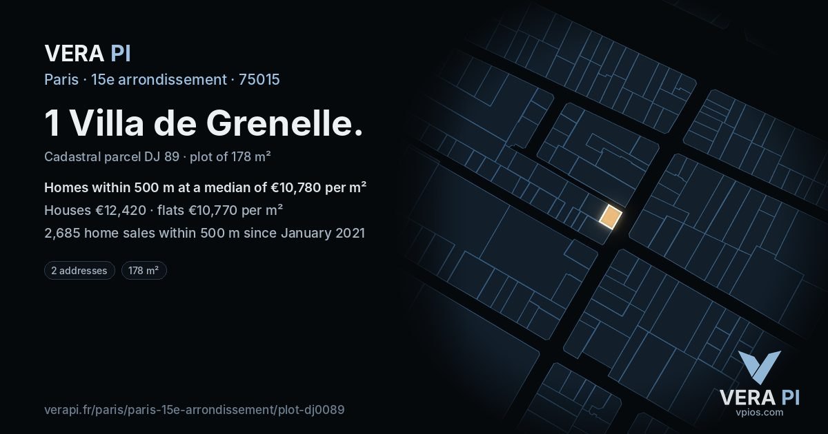 1 Villa de Grenelle, 15e arrondissement at night – the plot lit, the parcels around coloured by the prices near them