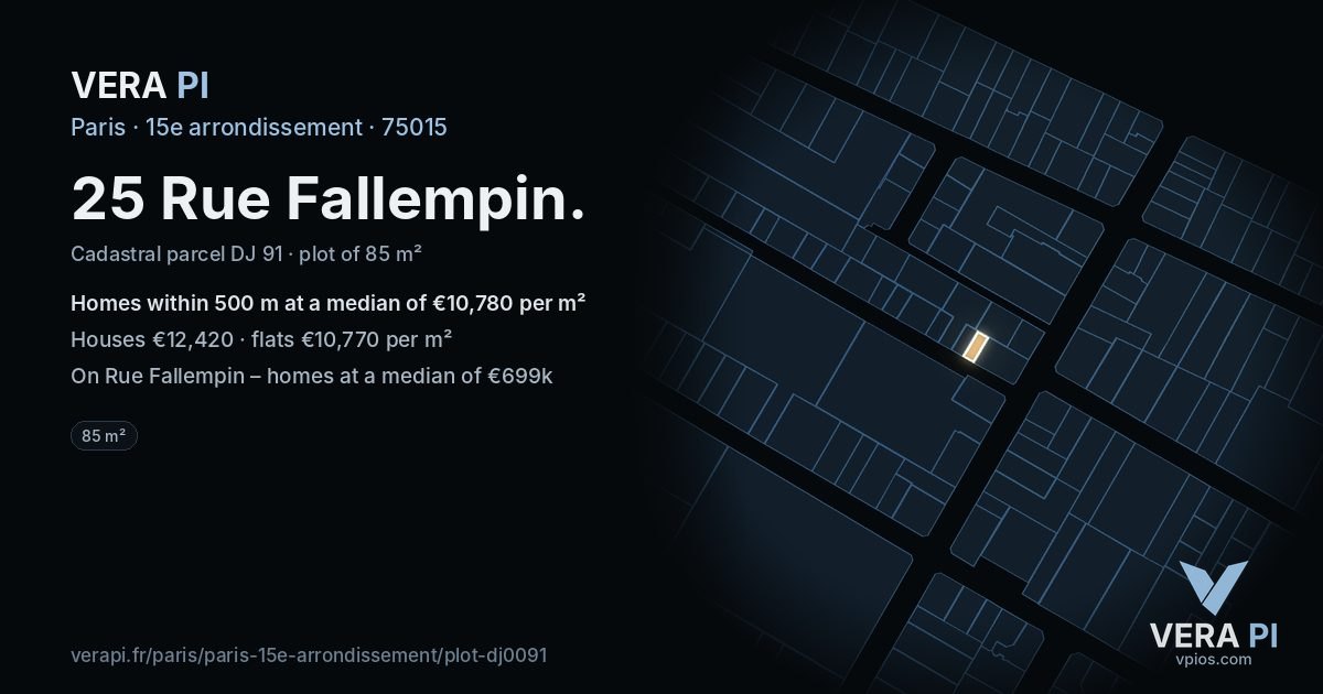 25 Rue Fallempin, 15e arrondissement at night – the plot lit, the parcels around coloured by the prices near them