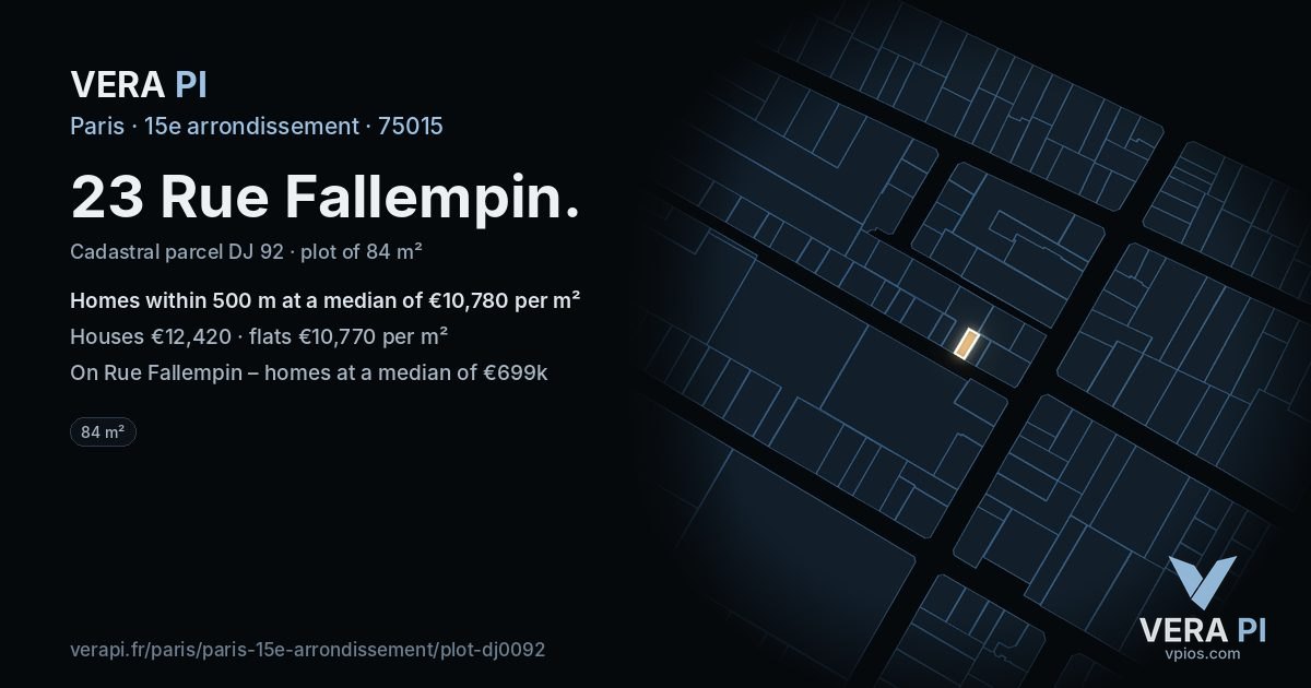23 Rue Fallempin, 15e arrondissement at night – the plot lit, the parcels around coloured by the prices near them