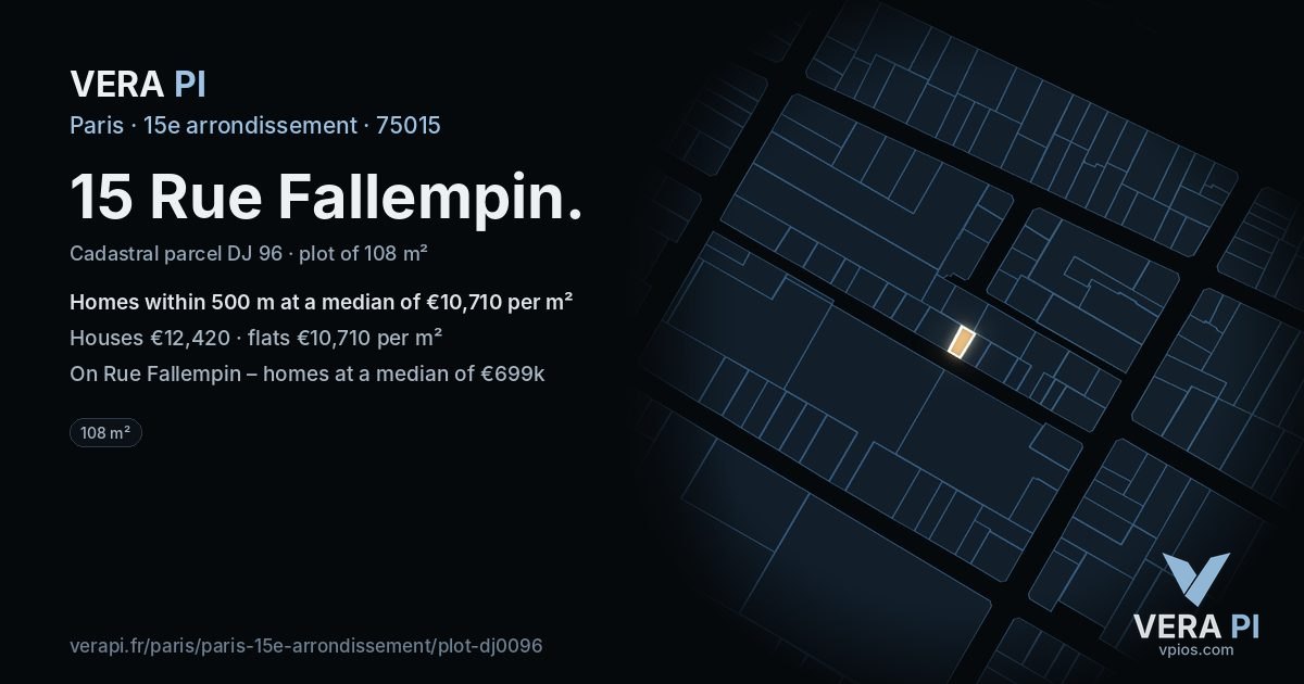 15 Rue Fallempin, 15e arrondissement at night – the plot lit, the parcels around coloured by the prices near them