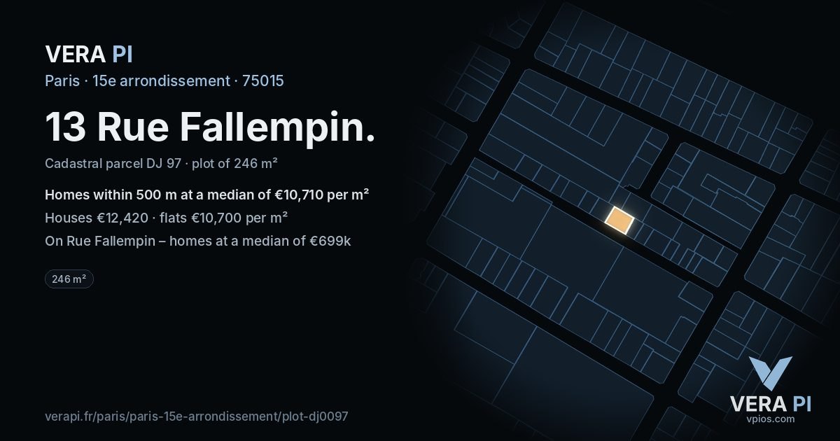 13 Rue Fallempin, 15e arrondissement at night – the plot lit, the parcels around coloured by the prices near them