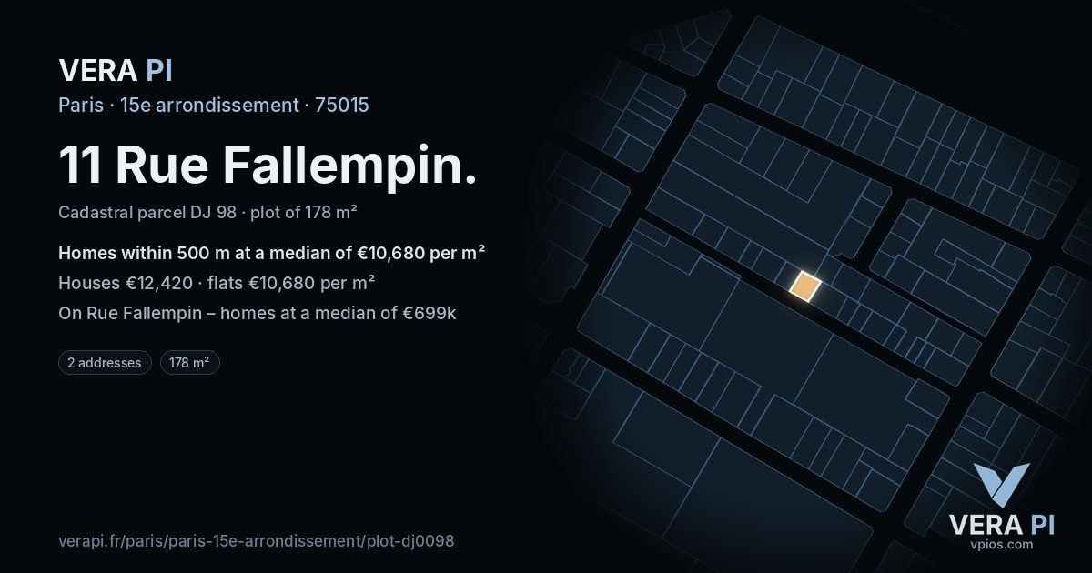 11 Rue Fallempin, 15e arrondissement at night – the plot lit, the parcels around coloured by the prices near them