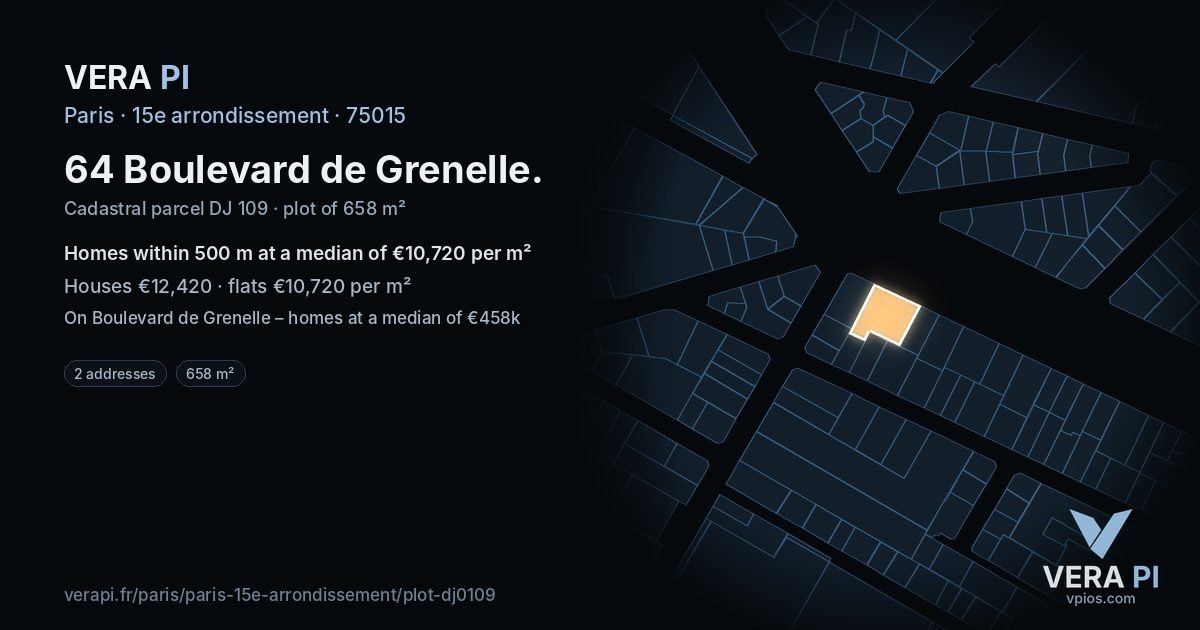 64 Boulevard de Grenelle, 15e arrondissement at night – the plot lit, the parcels around coloured by the prices near them