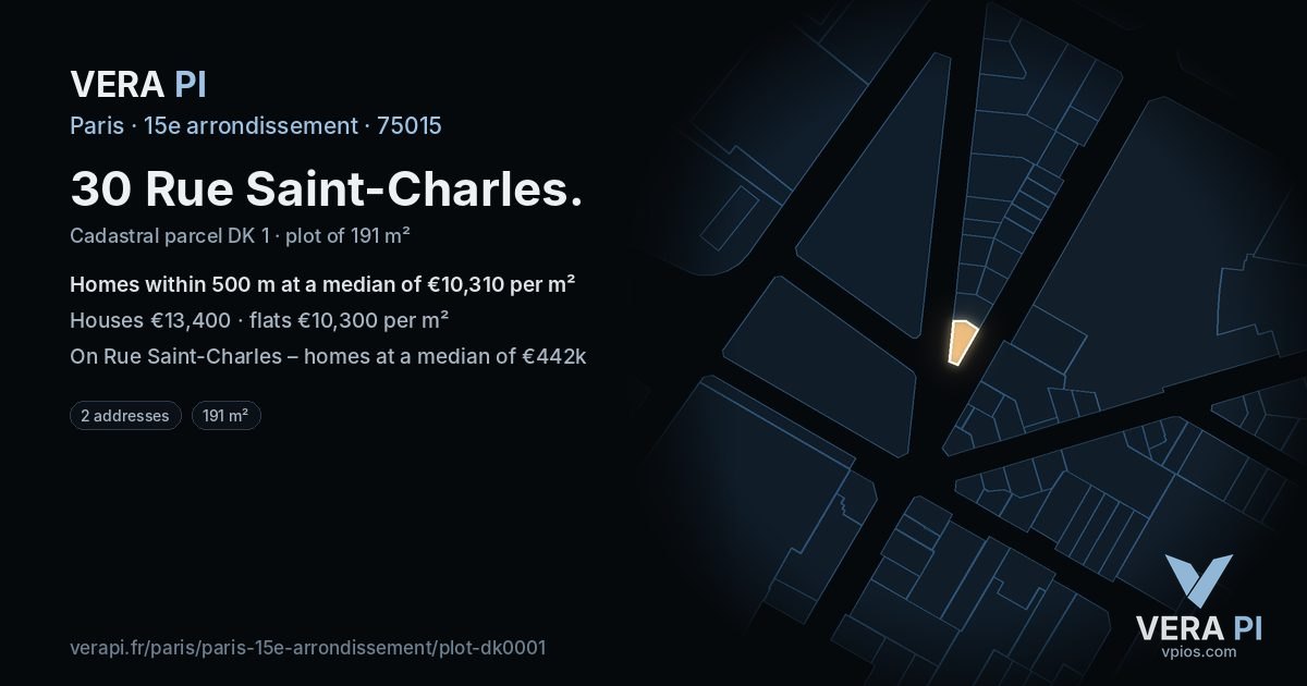 30 Rue Saint-Charles, 15e arrondissement at night – the plot lit, the parcels around coloured by the prices near them