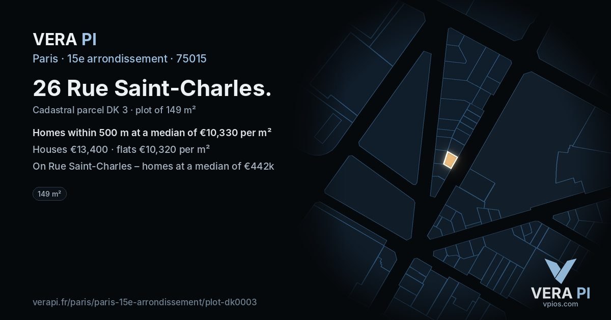 26 Rue Saint-Charles, 15e arrondissement at night – the plot lit, the parcels around coloured by the prices near them