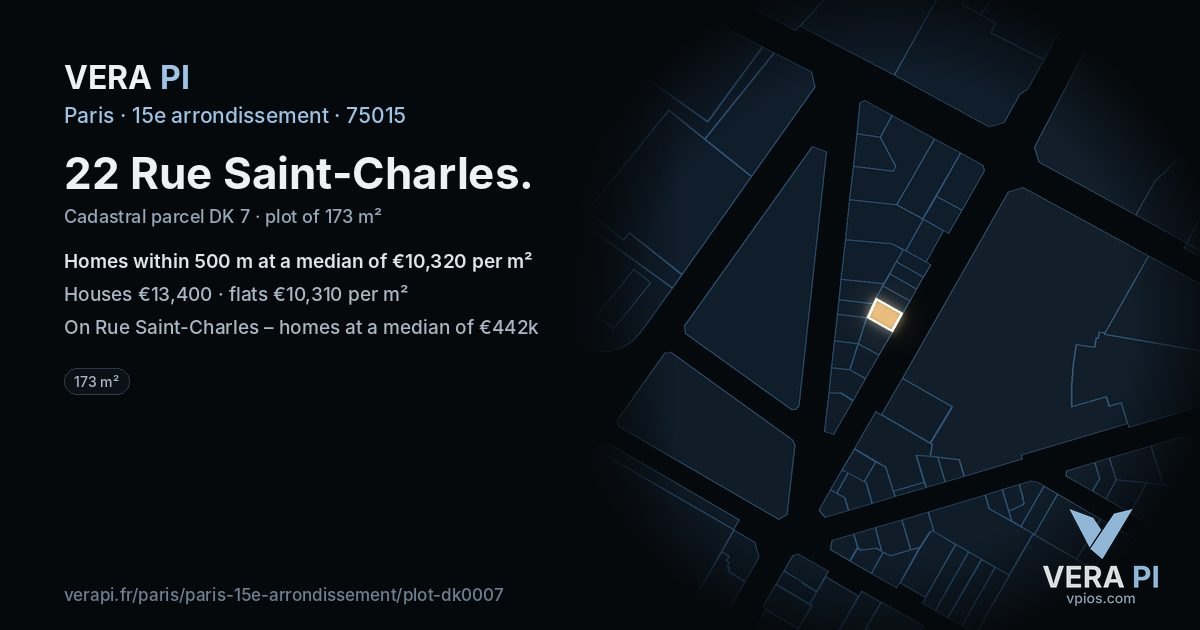 22 Rue Saint-Charles, 15e arrondissement at night – the plot lit, the parcels around coloured by the prices near them