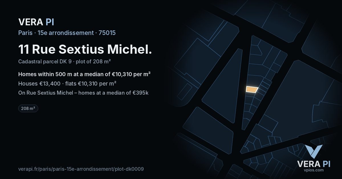 11 Rue Sextius Michel, 15e arrondissement at night – the plot lit, the parcels around coloured by the prices near them