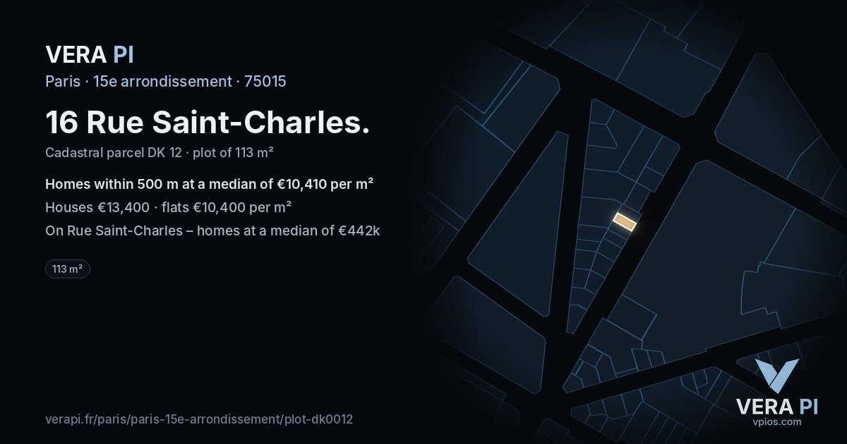 16 Rue Saint-Charles, 15e arrondissement at night – the plot lit, the parcels around coloured by the prices near them