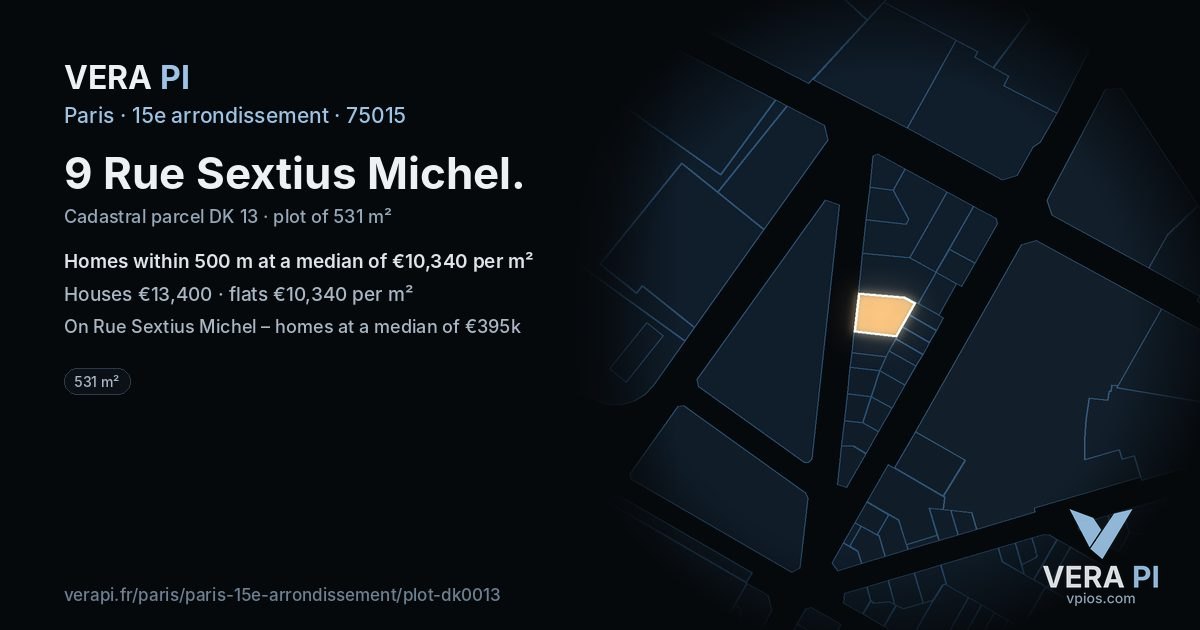 9 Rue Sextius Michel, 15e arrondissement at night – the plot lit, the parcels around coloured by the prices near them