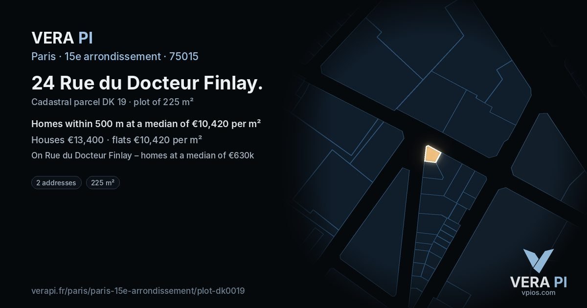 24 Rue du Docteur Finlay, 15e arrondissement at night – the plot lit, the parcels around coloured by the prices near them