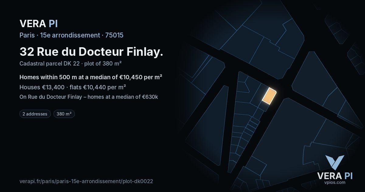 32 Rue du Docteur Finlay, 15e arrondissement at night – the plot lit, the parcels around coloured by the prices near them