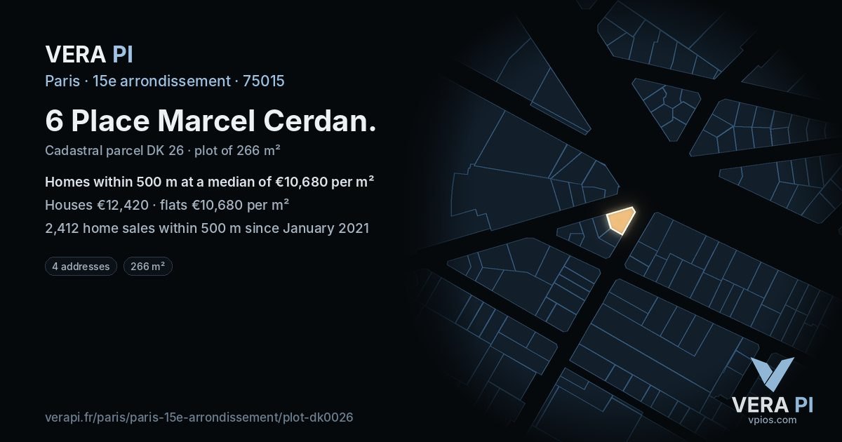 6 Place Marcel Cerdan, 15e arrondissement at night – the plot lit, the parcels around coloured by the prices near them